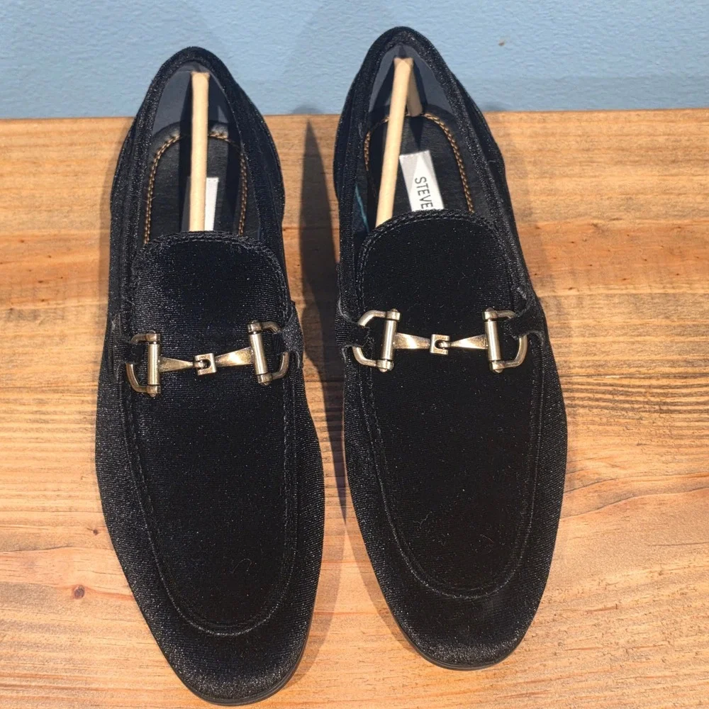 Steve Madden Mens Velvet Loafers Brass Toine Horse Bit Black Smoking Shoes